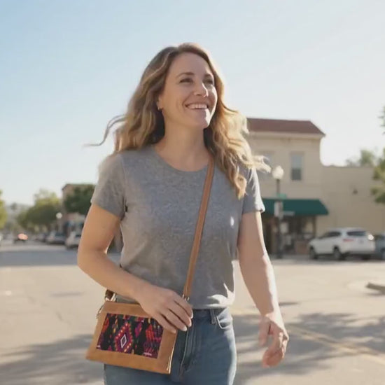 Handcrafted Guatemalan Leather Crossbody Wristlet | Authentic Mayan Huipil Purse | Fair Trade Boho Leather Clutch