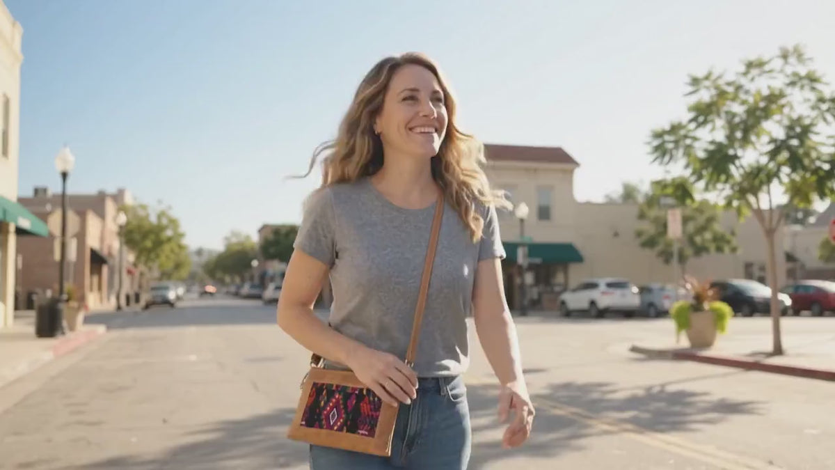 Handcrafted Guatemalan Leather Crossbody Wristlet | Authentic Mayan Huipil Purse | Fair Trade Boho Leather Clutch
