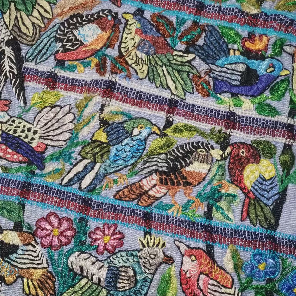 Handmade Purple EMBROIDERED Guatemalan Santiago Atitlan COTTON WALL "Mayan Bird Family" Tapestry
