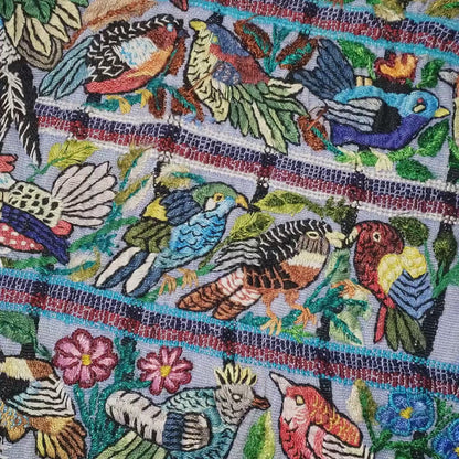 Handmade Purple EMBROIDERED Guatemalan Santiago Atitlan COTTON WALL "Mayan Bird Family" Tapestry