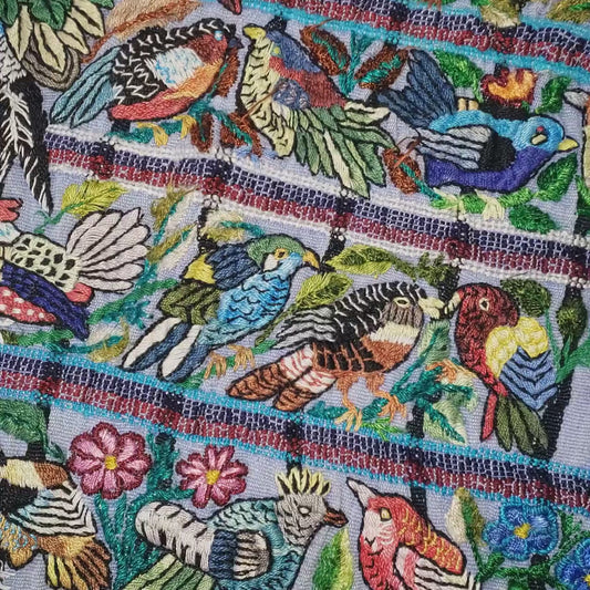 Handmade Purple EMBROIDERED Guatemalan Santiago Atitlan COTTON WALL "Mayan Bird Family" Tapestry