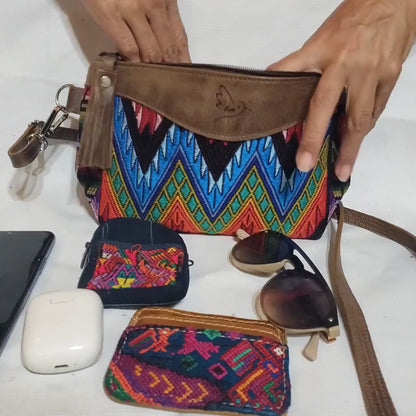 Guatemalan Leather Wristlet Clutch, Upcycled Huipil Boho Pouch, Hand Woven Guatemalan Textile Wallet, Fair Trade Mayan Coin Purse