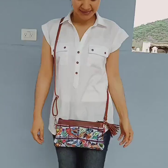 Guatemalan Leather Huipil Crossbody Clutch, Fair Trade Artisan Purse, Multi Card bag