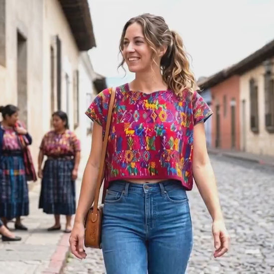 Handwoven Guatemalan Huipil Top - BURGUNDY Tactic Coban Traditional Embroidered Cotton Blouse with Deer & Geometric Motif, Large