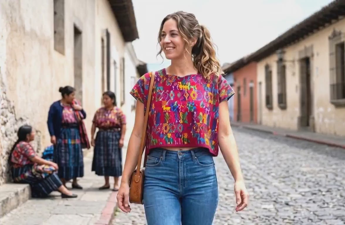 Handwoven Guatemalan Huipil Top - BURGUNDY Tactic Coban Traditional Embroidered Cotton Blouse with Deer & Geometric Motif, Large