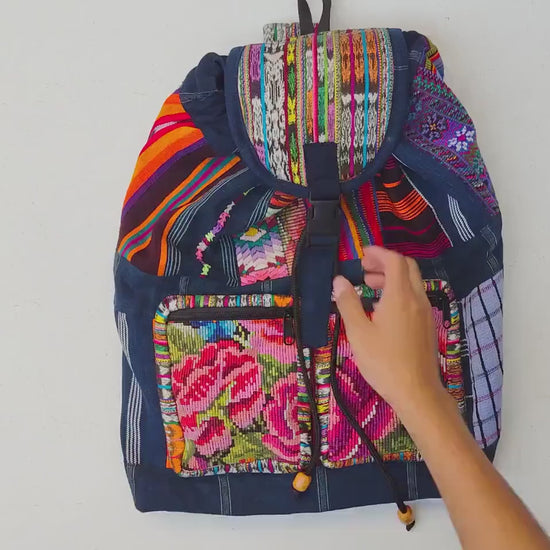 Guatemalan upcycled cotton patchwork backpack bag