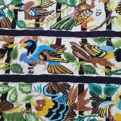 Handmade White EMBROIDERED Guatemalan Santiago Atitlan COTTON WALL "Mayan Bird Family" Tapestry