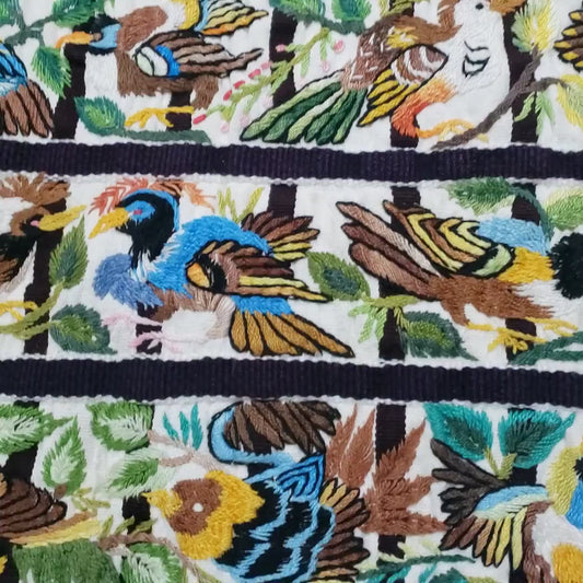 Handmade White EMBROIDERED Guatemalan Santiago Atitlan COTTON WALL "Mayan Bird Family" Tapestry
