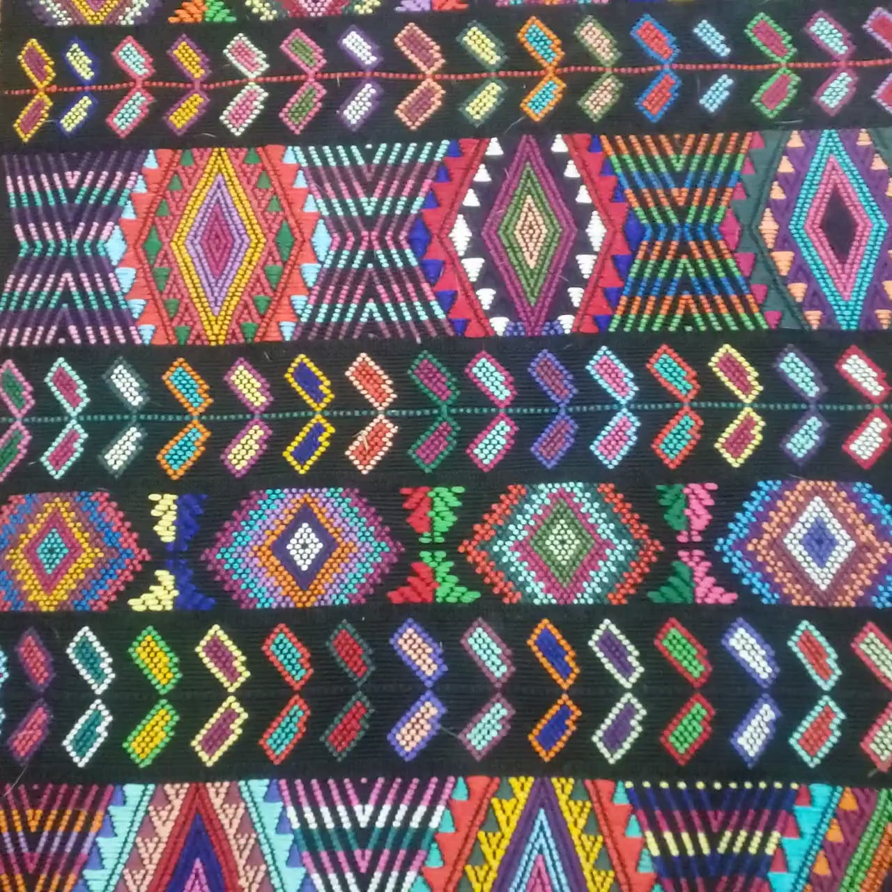 Guatemalan Handwoven Table Runner 15.5x50", Black Ethnic Table Decor with Multicolor Geometric Wheat Design, Chichicastenango Textile