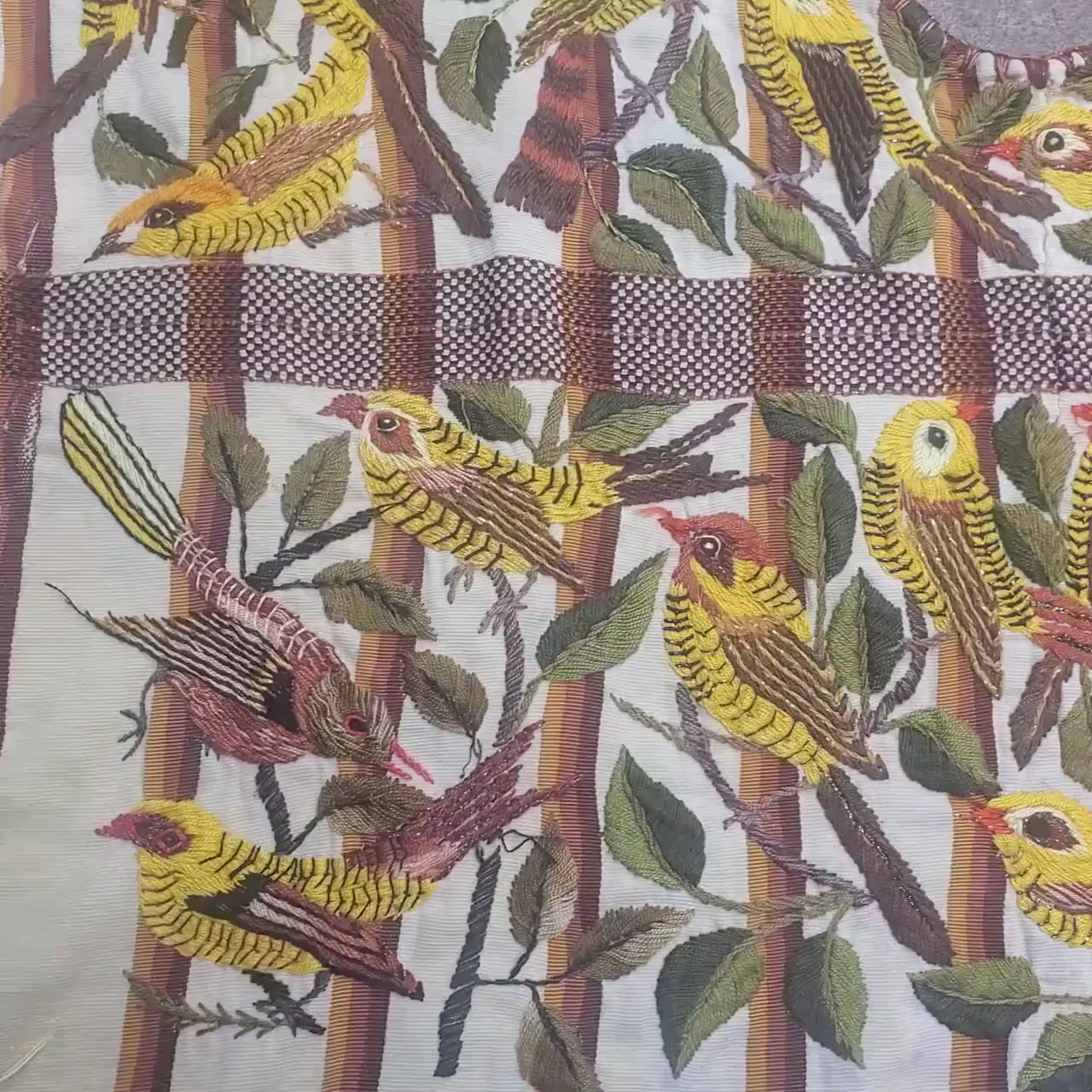Handmade Cream EMBROIDERED Guatemalan COTTON WALL "Mayan Bird Family" Tapestry