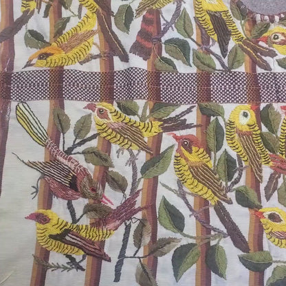 Handmade Cream EMBROIDERED Guatemalan COTTON WALL "Mayan Bird Family" Tapestry