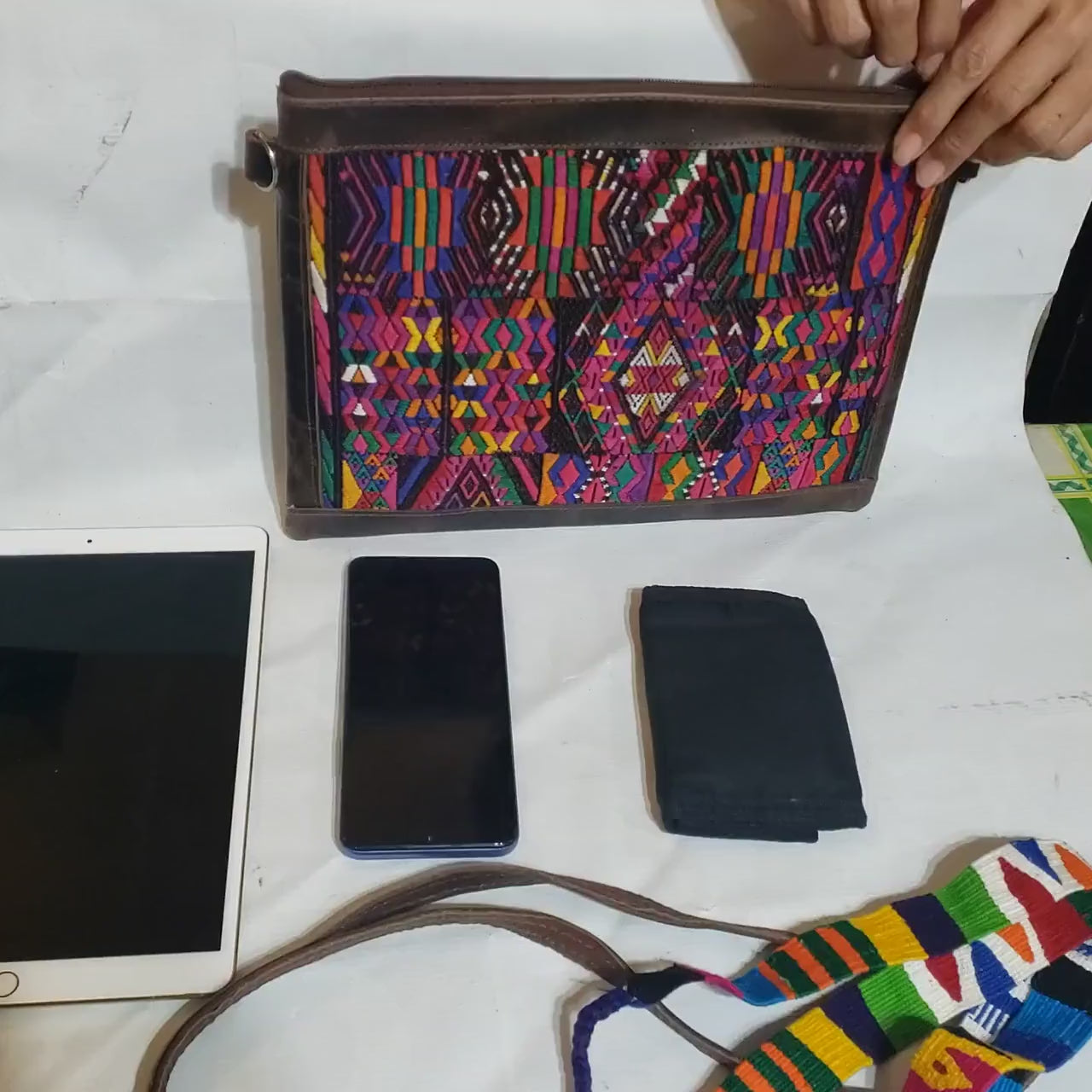 Guatemalan Leather Huipil Crossbody Clutch: Mayan Weave, Fair Trade