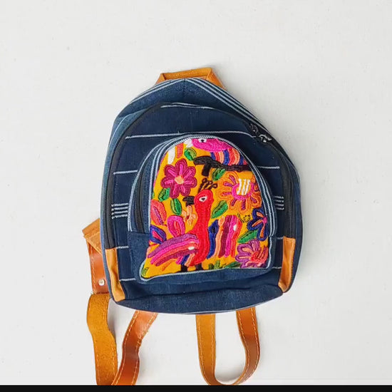 Guatemalan Upcycled Cotton INDIGO Backpack Huipil Pocket LEATHER Straps