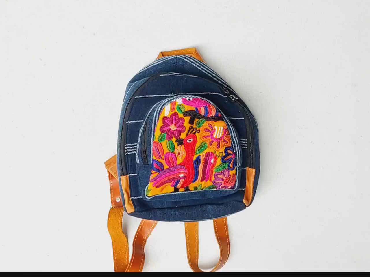 Guatemalan Upcycled Cotton INDIGO Backpack Huipil Pocket LEATHER Straps