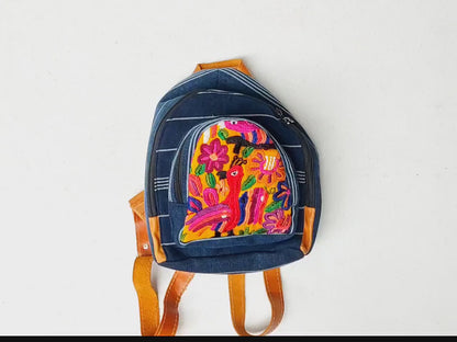 Guatemalan Upcycled Cotton INDIGO Backpack Huipil Pocket LEATHER Straps