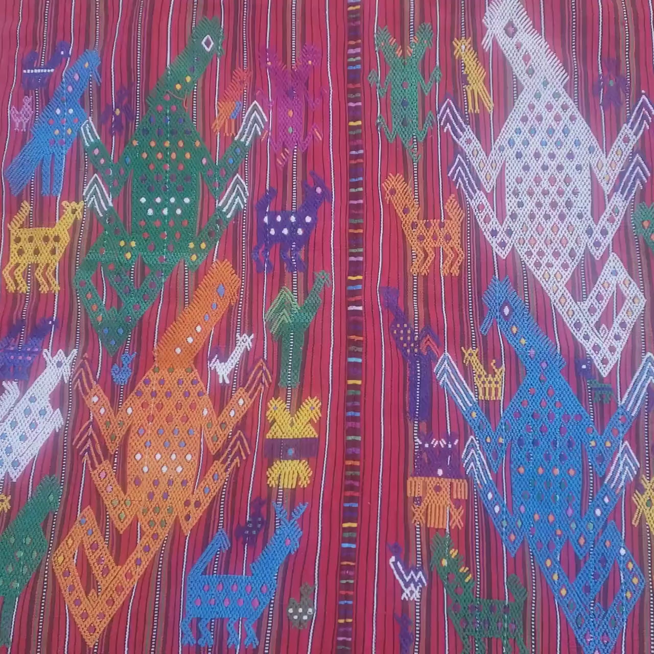 Guatemalan HORSES and LIZARDS TSUTE, Red Tablecloth - Chichicastenango Throw