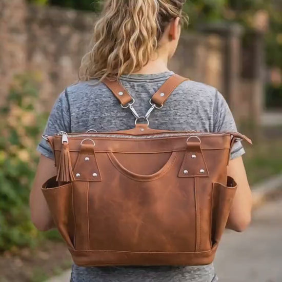 Convertible Leather Backpack Purse, Full Grain Leather Diaper Bag, Leather Tote Backpack with Removable Straps, Travel Weekender Bag
