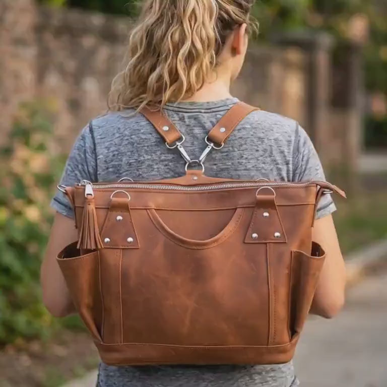 Convertible Leather Backpack Purse, Full Grain Leather Diaper Bag, Leather Tote Backpack with Removable Straps, Travel Weekender Bag