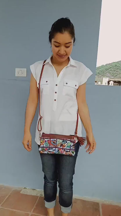 Aesthetic Woman Guatemalan Leather Huipil CROSSBODY Wristlet CLUTCH PURSE - 100% Cotton Lining Purse