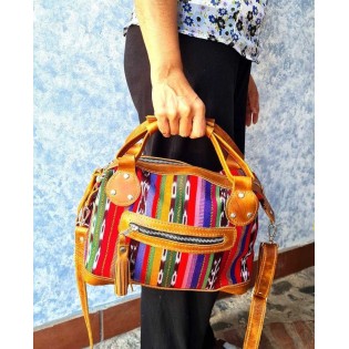 Crossbody shoulder day bag genuine Tan leather color combined with a vibrant Guatemalan pattern