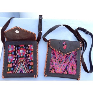 Guatemalan authentic leather huipil crossbody wristlet clutch purse -Mayan motives-