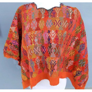 Vintage cotton unique Orange handmade weaved Mayan Tactic huipil