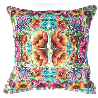 Guatemalan upcycled huipil pillow case cushion cover 19x19 inches -Butterfly and floral