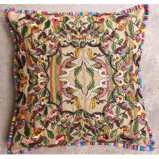 Guatemalan upcycled floral huipil pillow case cushion cover 19x19 inches -Brown birds