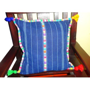 Guatemalan Indigo Pillow cover multicolor border and poms